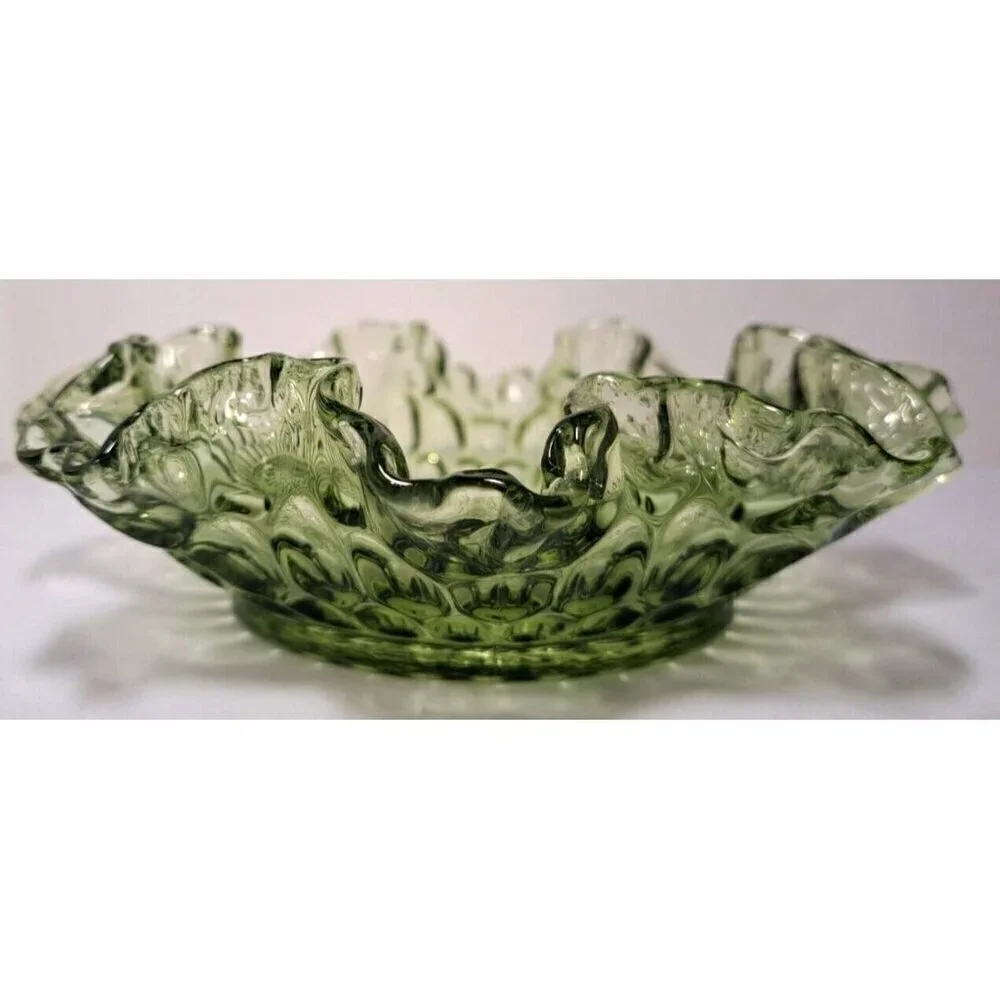 Vintage Fenton Colonial Green Ruffle Edge Thumbprint Pattern Glass Bowl
